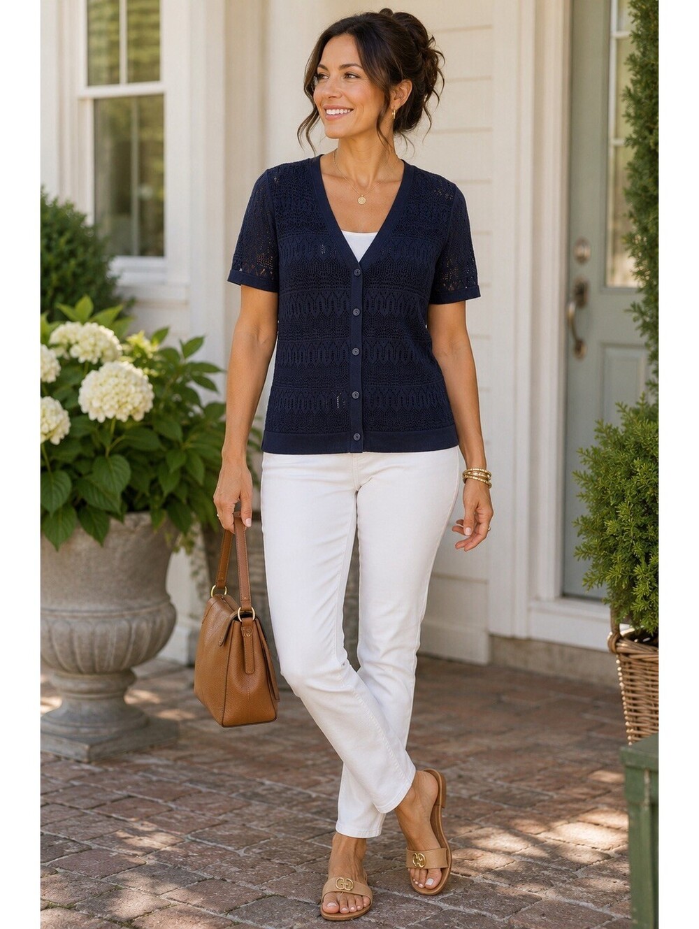 Talbots Navy Blue Pointelle Knit Cardigan Womens L Cotton V Neck Button Front